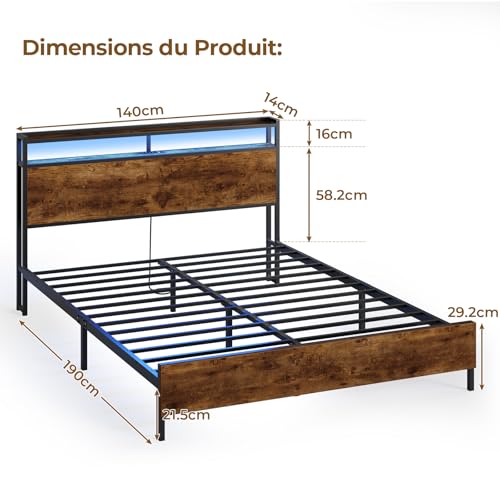 Lit 140x190 LED + USB, rangement 21,5 cm DICTAC