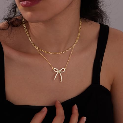 Gold Layered Necklaces for Women Chunky 14K Gold Silver Plated Stack Diamond Bow Statement Pendant Necklace Cute Trendy Dainty Small Tiny Bow Simple Choker Chain Jewelry Set for Women Gift4