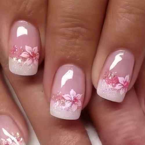 24Pcs Short Square Press on Nails Glossy Glitter Acrylic False Nails Kit French Nude Pink Fake Nail With Flowers Designs Fake Fingernails Full Cover Artificial Nails Short Length Girls Women Manicure