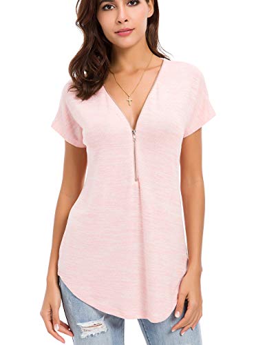 Image of Pink Nursing Tops for Women Breastfeeding Zipper Tshirts Short Sleeve Cotton Tunic M