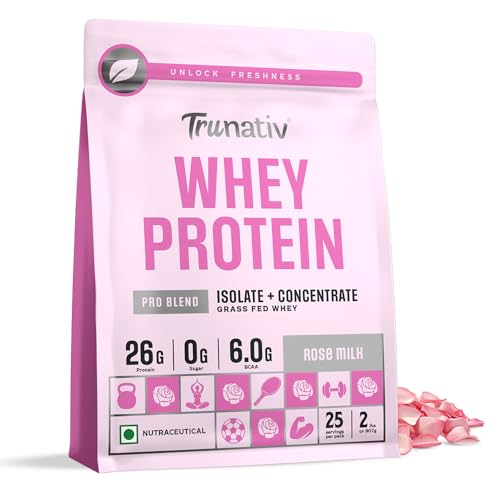 Trunativ Pro Blend Whey Protein Powder Isolate & Concentrate | 100% Light & Clean Protein Powder | 26g Protein | 6g BCAA | 12.52g EAA | No added sugar | Rose Milk 2lbs (907g)