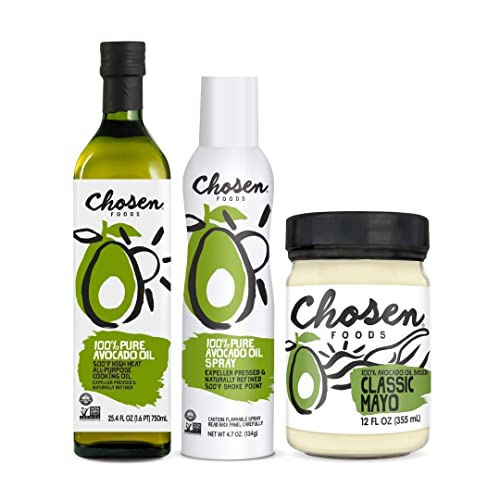 Chosen Foods Starter Bundle | 3 Pack | Avocado Oil 25.3 oz, Avocado Oil Spray 4.7 oz, Avocado Oil Mayo 12 oz