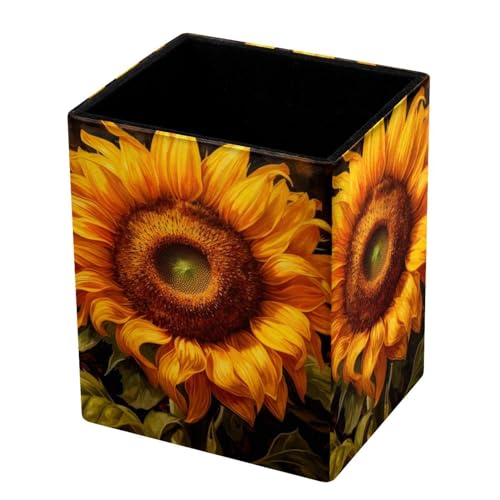 DragonBtu Portalápices para escritorio, diseño de girasol, cuadrado, de cuero, para aula, hogar, oficina, escritorio, caja organizadora