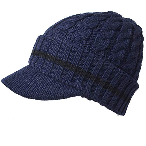 Ruphedy Mens Beanie With Brim Winter Hat Knitted Thick Fleece Visor Beanie With Bill B5042 (B321-Navy) #TOP2