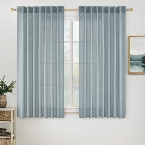 MIULEE Dusty Blue Linen Curtains 54 Inch Length 2 Panels