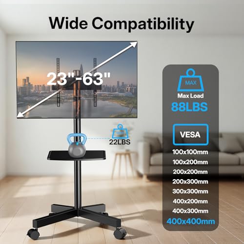 Image of PERLESMITH Rolling TV Stand for 23-63 Inch Flat /Curved Screen TVs up to 88 lbs, Mobile TV Stand on Wheels, Portable TV Stand with Tilt & Height Adjustable,Outdoor TV Stand Max VESA 400x400mm PSTVMC10
