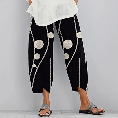 Summer Capri Pants For Women Casual Cotton Linen Elastic Waist Trouser Tapered Loose Beach Ankle Cropped Pants With Pocket(D#Black,Large) #TOP1