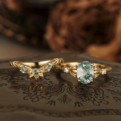 Kite/Oval/Pear Cut Nature Moss Agate Engagement Ring Set for Women,Vintage S925 10K 14K/18K Moss Agate Ring Moissanite Cluster Rings Art Deco Bridal Wife Custom Wedding Ring Set4