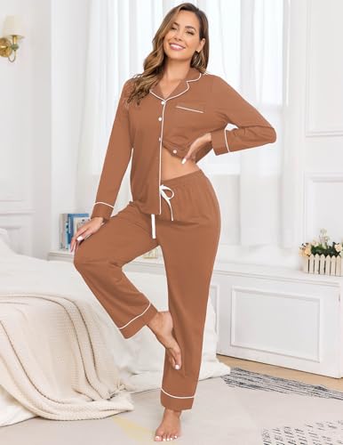 Image of Veseacky 100% Cotton Women's Pajama Set Long Sleeve Button Down Sleepwear Soft Pjs Lounge Sets Nightwear Pjs XS-XXL
