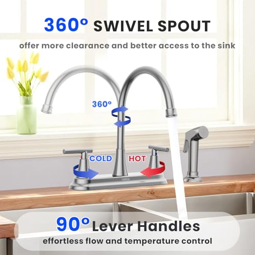 HURRAN 2-Handle Kitchen Faucet with Pull-Out Side Sprayer, 8 Inch High Arch Stainless Steel 360°Rotating Kitchen Sink Faucet, 4 Hole Faucet for Kitchen Bar Rv Camper, Nickel by Hurran - Used condition - Image 5