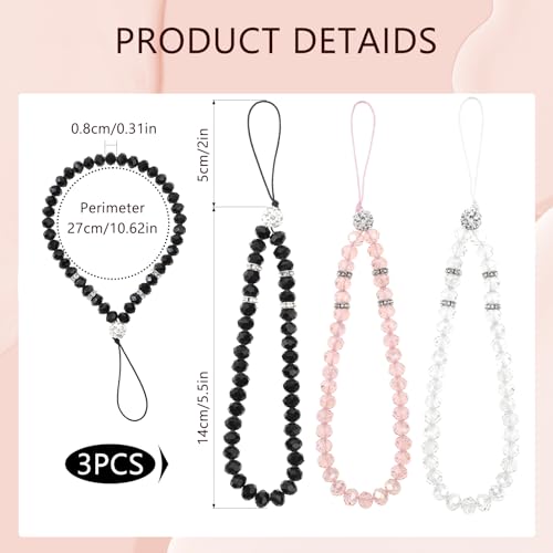Molain Handykette, 3pcs Handy Lanyard, Handgelenk Universal Kurz Handyanhänger Handy-Lanyard-Charms kompatibel mit jedem Handy, Smartphone und Handy Hülle(Rosa+Weiß+Schwarz)