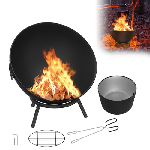 UISEBRT Brasero redondo de acero portátil de 60 cm con rejilla de madera y accesorios, ideal para jardín, terraza, camping, exterior