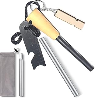 Flint and Steel Fire Starters Kit, Fire Striker - Magnesium Ferrocium Rod with Scale Scraper, Fire Blow Tube and Whistle | Survival Tool Kit for Outdoor Travelling Camping Hiking