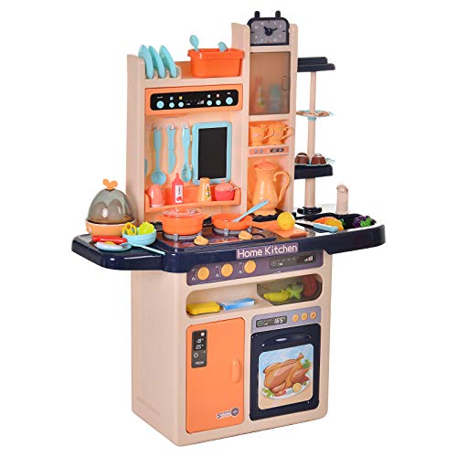 HOMCOM Cocinita para Niños con Luces Música Absoluta Funciones de Agua Cocina de Juguete Infantil 65 Piezas Alimentos Cubiertos +3 Años 71x28,5x93,5 cm Azul