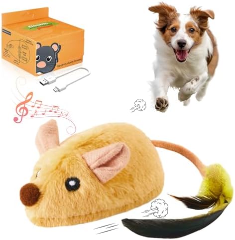 Interactive Dog Toys – with LED Lights, Moving Automatic Chirping Mouse Toy Squeaky with Feather Tail, for All Breeds Dog Indoor/Outdoor Boredom Exercise, USB Rechargeable (Yellow)