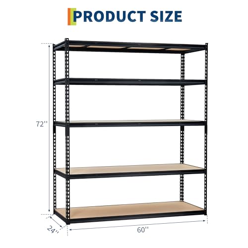 Garage Storage Shelves 5 Tiers, Heavy Duty Storage Shelving Racks with 3000 Lbs Capacity, 60" L x 24" W x 72" H Metal Adjustable Shelving Unit for Kitchen Pantry Basement Bathroom Laundry
