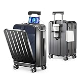 [BARGOHOY] スーツケース 拡張機能付き フロントオープン 機内持ち込み キャリーケース 超軽量 大容量 多機能 USBポート付き カップホルダー 隠しフック ファスナータイプ 静音ダブルキャスター TSAロック搭載 キャリーバッグ おしゃれ 旅行 ビジネス 出張 修学旅行 入院用 (ブラック（鉄灰色）, Sサイズ機内持込OK /42L(1～3泊))