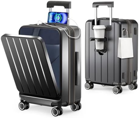 （13:30時点） [BARGOHOY] スーツケース 拡張機能付き フロントオープン 機内持ち込み キャリーケース 超軽量 大容量 多機能 USBポート付き カップホルダー 隠しフック ファスナータイプ 静音ダブルキャスター TSAロック搭載 キャリーバッグ おしゃれ 旅行 ビジネス 出張 修学旅行 入院用 (ブラック（鉄灰色）, Sサイズ機内持込OK /42L(1～3泊))