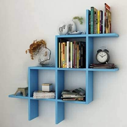 Wooden Wall Shelf for Living Room | Engineered Wood Decorative Wall Mounted Shelf for Books, Plants & Showpieces | Modern Floating Design | 70x10x70 cm (Sky Blue)-image-31