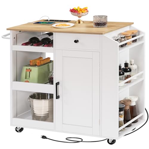 MAHANCRIS Kitchen Island with Power Outlet, Kitchen Storage Island with Drawer, Rolling Kitchen Cart on Wheels, Spice Rack, Towel Rack, Wine Rack, for Dining Room, White and Natural KINW122E01N1 by MAHANCRIS - Used condition - US$90.09