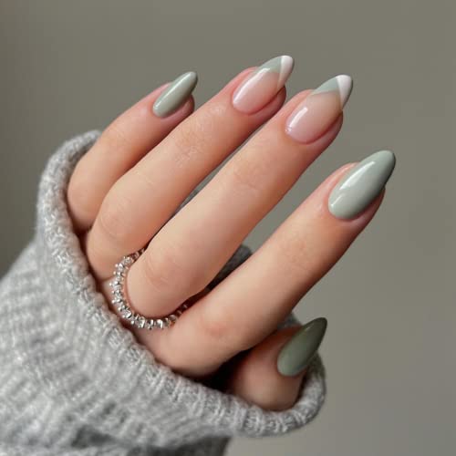 KXAMELIE Medium Length Press on Nails Matcha Green With French Tips Design Acrylic Nails Press on Glue on Nails Salon Manicure
