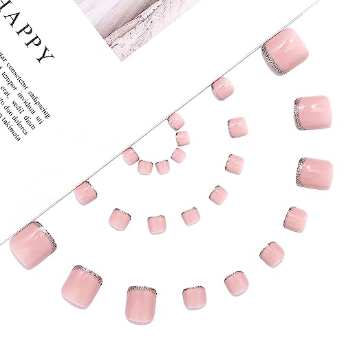 Handcess French False Toe Nails Pink Glossy Press on Toe Nail Ballerina Fake Toe Nails Full Cover Acrylic Toe Nail Art Tips for Women and Girls 24Pcs - Image 2