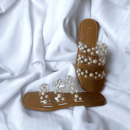 Image of Tan Festive Pearl Flats | Stylish | Slip-on | Casual | Comfortable Sandals for Women
