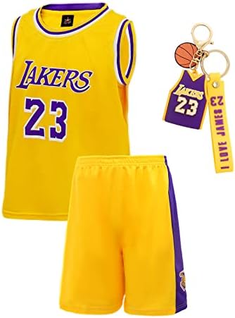 XYXYMM Childrens Basketball Jersey, 23# Lakers Jersey Jersey, Kids Boys Girls Retro Sleeveless Sports Vest and shorts 2-piece set s with Key Chain (Color : Amarillo, Size : 3XS)