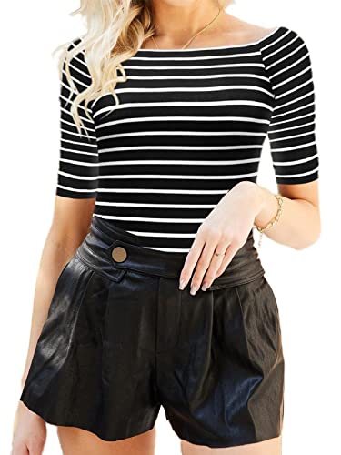 LilyCoco Women's Off The Shoulder Tops Striped Elbow Sleeve Boatneck T-Shirt Slim Stretchy Shirts (X-Large, Elbow Sleeve-Big Stripe)