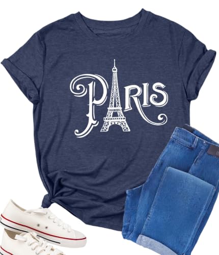 Paris France Shirt Women Eiffel Tower Outfits Travel in France Tee Vacation Paris Graphic Tees Tops Blue