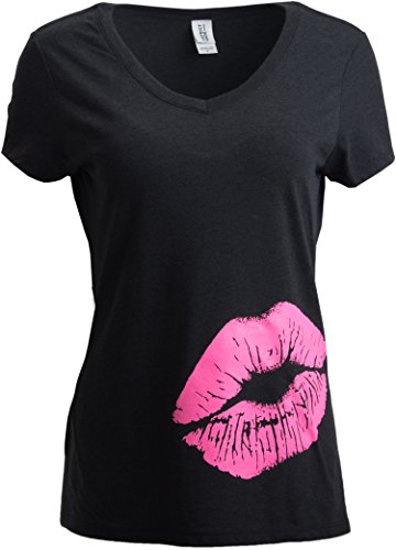 Neon 80s Pink Lips | Cute Vintage Lipstick Sexy Kiss V-Neck T-Shirt for Women-(Vneck,XL)
