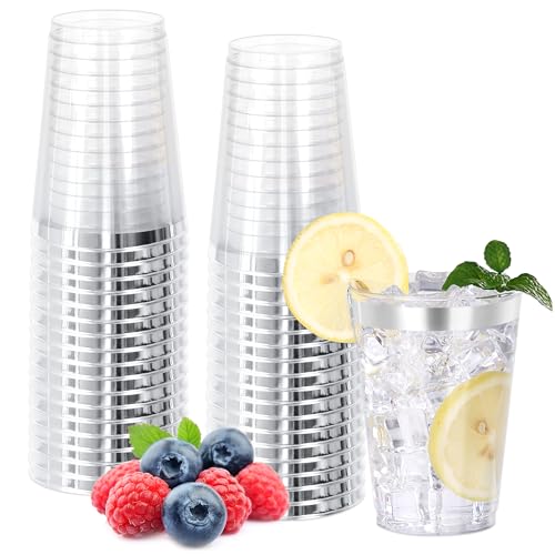 Image of 50 Pcs Silver Plastic Cups,12oz Silver Rimmed Plastic Cups,Heavy Duty Disposable Plastiic Wine Glasses Cocktail Glasses Premium Cup with Silver Rim for Party,Wedding,Christmas