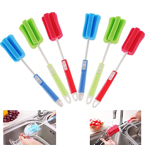 Cepillo para Botellas,Forreen 6 Piezas Cepillo de Limpieza de Esponja Ajustable con Mango de Plástico Largo Lavadora de Botellas Escobilla para Biberón para Biberones Tazas Calderas Copas de Vino Cover