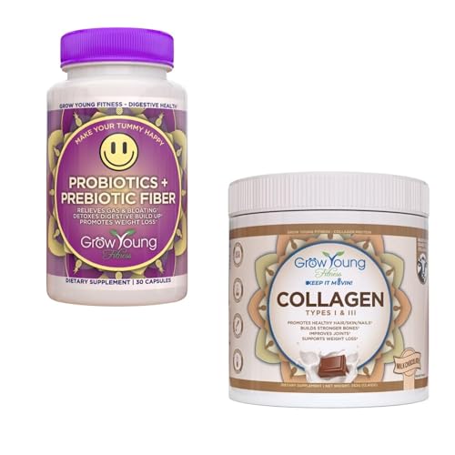 Grow Young Fitness Probiotic and Chocolate Collagen - Supports Digestive Health and Promotes Skin and Bones - (1) 30-Pack of Probiotics + 12.4oz of Chocolate Collagen Powder