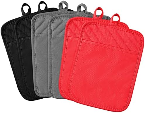 R HORSE 6Pcs Pot Holder with Pocket for Kitchen Black Pocket Pot Holder Set Cotton Heat Resistant Potholder Terry Cloth Coaster Kitchen Hot Pad Oven Mitts Hot Pads Trivet for Baking Cooking 7''x9''