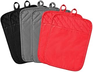 R HORSE 6Pcs Pot Holder with Pocket for Kitchen Black Pocket Pot Holder Set Cotton Heat Resistant Potholder Terry Cloth Coaster Kitchen Hot Pad Oven Mitts Hot Pads Trivet for Baking Cooking 7''x9''