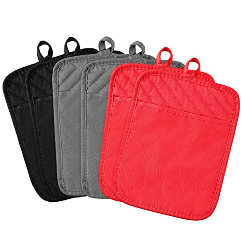 R HORSE 6Pcs Pot Holder with Pocket for Kitchen Black Grey Red Pocket Pot Holder Cotton Heat Resistant Potholder Coffee Coaster Kitchen Hot Pad Oven Mitts Hot Pads Trivet for Baking Cooking 7''x9''