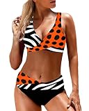 Minetom Damen Bademode Push Up Sexy Bikini Set Zweiteilige Badeanzug Strandkleidung Strand Oberteil Bikinihose Druck High Waist Swimsuit G Orange L