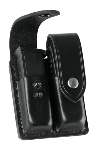 JAY PEE Leather Double Magazine Pouch Vertical and Horizontal Carry Dual Chrome Snap Closure Fits 9mm and 40 Caliber Clips Single and Double Stack Magazines Fits 2.25 Inch Duty Belts