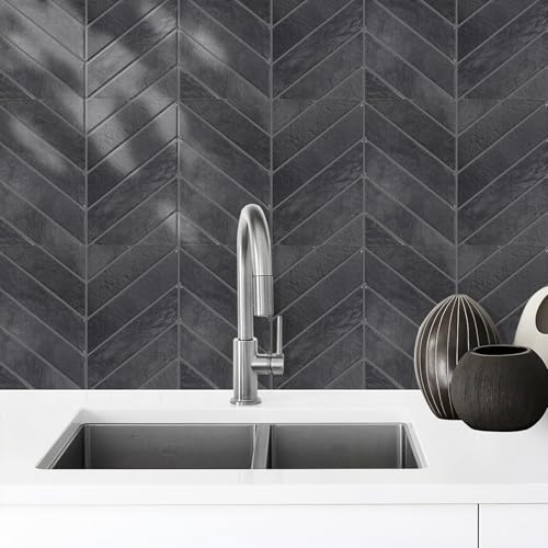 STICKGOO 10 Sheets Thicker Herringbone Peel and Stick Backsplash, 12.6”×9.7” Stick on Wall Tiles, Self Adhesive Tile Sticker for Kitchen Backsplash and Bathroom, Shiny Black with Dark Grey Grout by STICKGOO - Used condition - Image 8