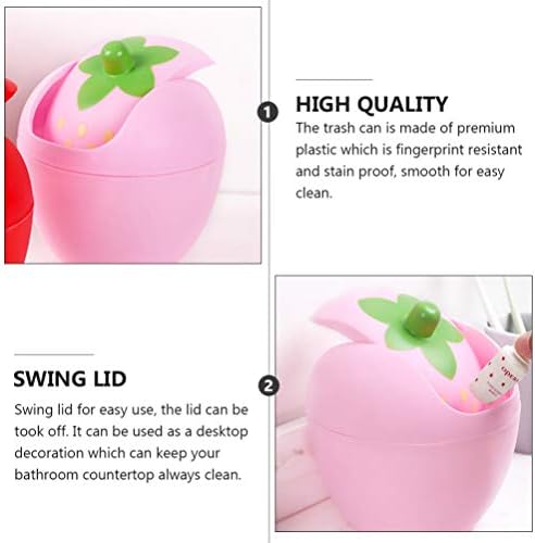 Cabilock Cute Strawberry Desk Trash Can Small Plastic Storage Baskets Counter Top Garbage Can Kawaii Trash Bin Pen Holder Desk Organizer with Swing Lid for Home Car Pink