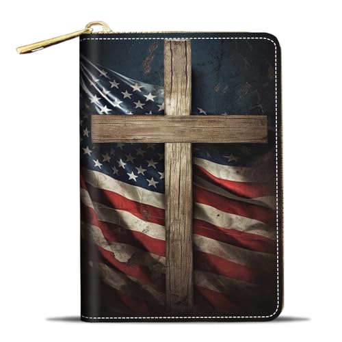 Credit Card Holder Wallets for Women, Small RFID Wallet Slim Leather Card Organizer Case with Zipper, American Flag Holy Cross
