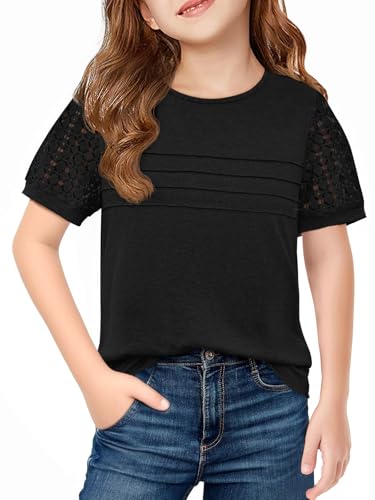 Image of Haloumoning Girls Short Sleeve T Shirts Kids Summer Lace Crewneck Tops Fashion Pleated Tees 5-14 Years