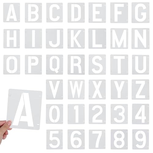 Image of 36 Pcs Alphabet and Number Stencils 4 inch Reusable Plastic Letter and Number Stencil for DIY Projects Wall Wood Fabric Rock Signage Chalkboard Door Porch (White)