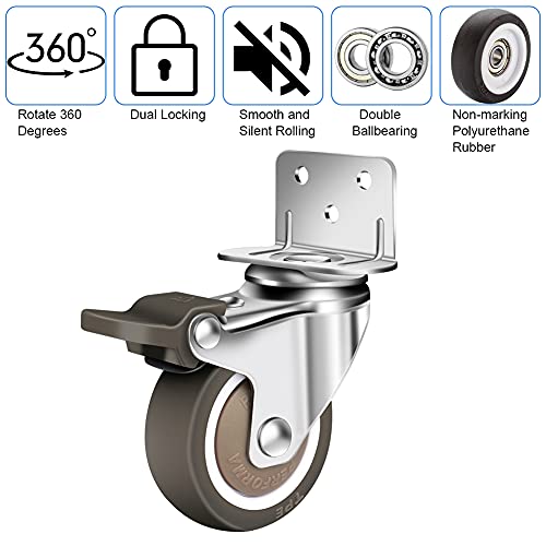 4 L-förmige Rollen für Möbel, 50mm Lenkrollen mit Bremse | 30 Schrauben | 360° Drehbar Möbelrollen,Transportrollen Schwerlastrollen(2 Lenkrollen,2 Bremsrollen) für Krippen,Möbel,Blumenständer