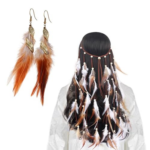 CQXSYTBN Fascia per capelli indiana con piume, stile bohémien, accessori indiana donna set 3 pezzi con copricapo piume regolabile e orecchini etnici per travestimenti boho festival feste a tema