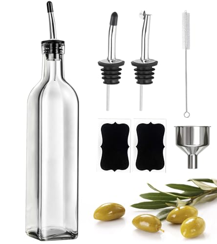Leaflai Olive Oil Dispenser Bottle, 1 Pcs Glass Olive Oil Dispenser and Vinegar Dispenser Set with 2 Stainless Steel Pourers, 2 Labels,1 Brush and 1 Funnel Oil Bottles for Kitchen (500ml)