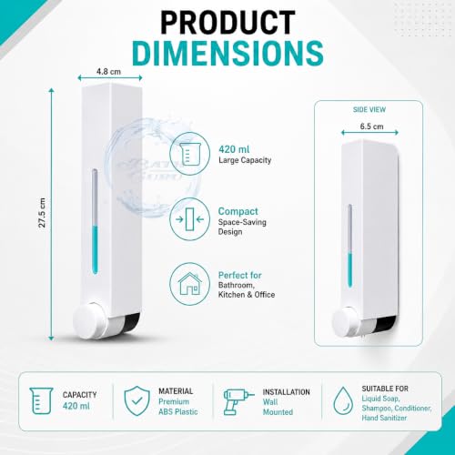 Image of BATH GURU ABS 420ml Wall Mounted Liquid Soap Dispenser for Bathroom, White | Premium Plastic Handwash Dispenser with Leakproof Pump for Liquid Soap, Shampoo & Sanitizer, Refillable for Bathroom, Kitchen
