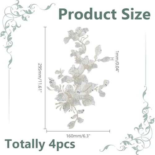 HOBBIESAY 4Pcs Embroidery Sequin Lace Appliques Silver Leaf Flowers Patches Polyester Decorative Floral Appliques Dress Gown Sewing Decorations for Fabric DIY Crafting 29.5x16x0.1cm - Image 2