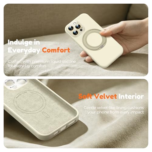 Image of Silicone 360 Spin Magnetic Stand Case for iPhone 16 Pro Max, [Compatible with Mag-Safe][Reinforced Hard Camera Protection] Liquid Silicone Rubber Phone Cover with Ring, Camera Button, Ivory